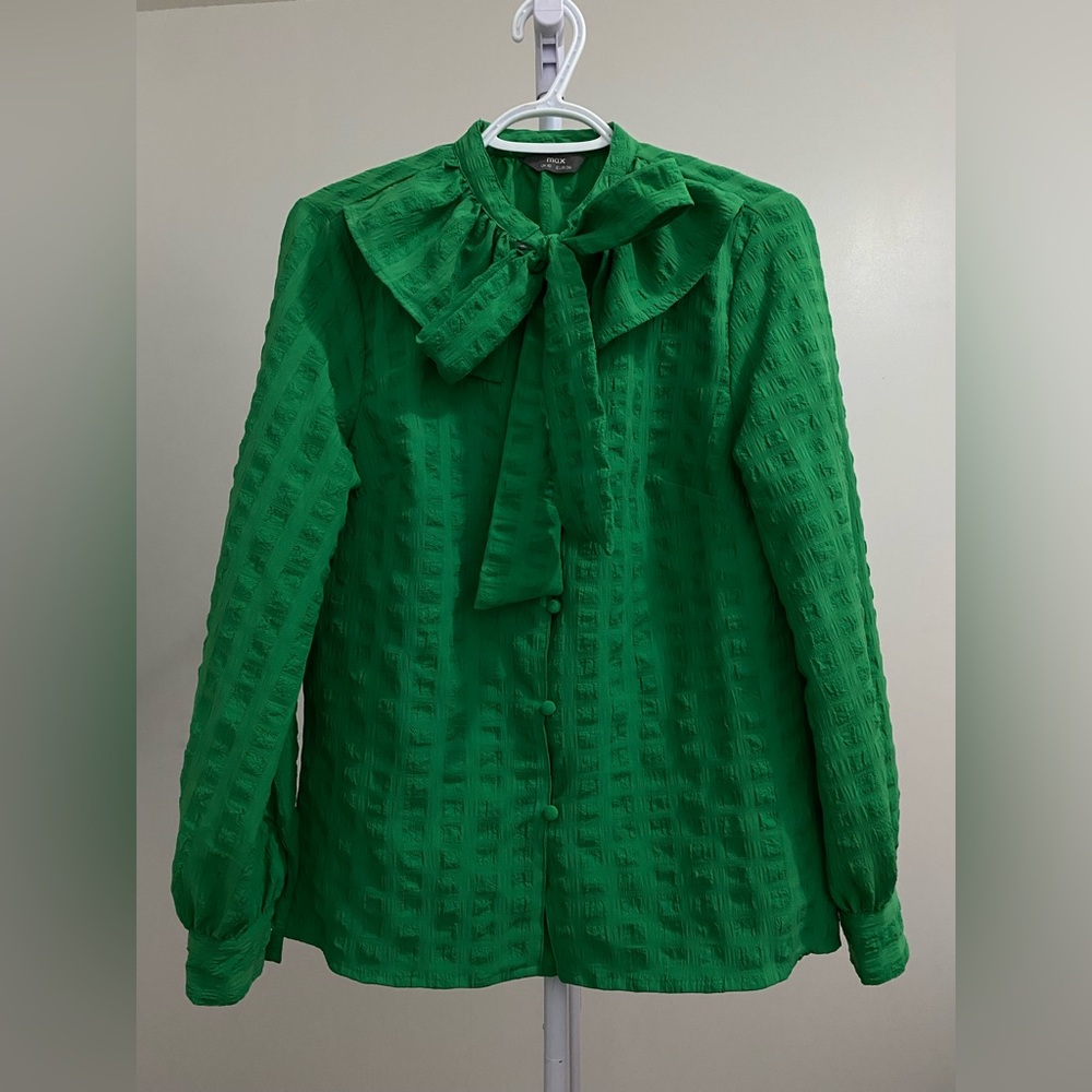 Beautiful summer green blouse with bow neck tie